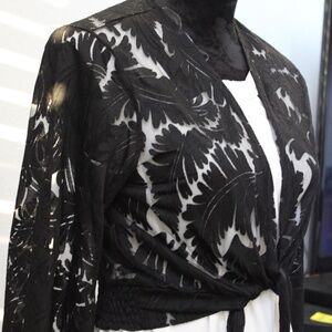 Amber Shu Semi-Sheer Leaf Print Tie Front Shrug (inner clothing not included)